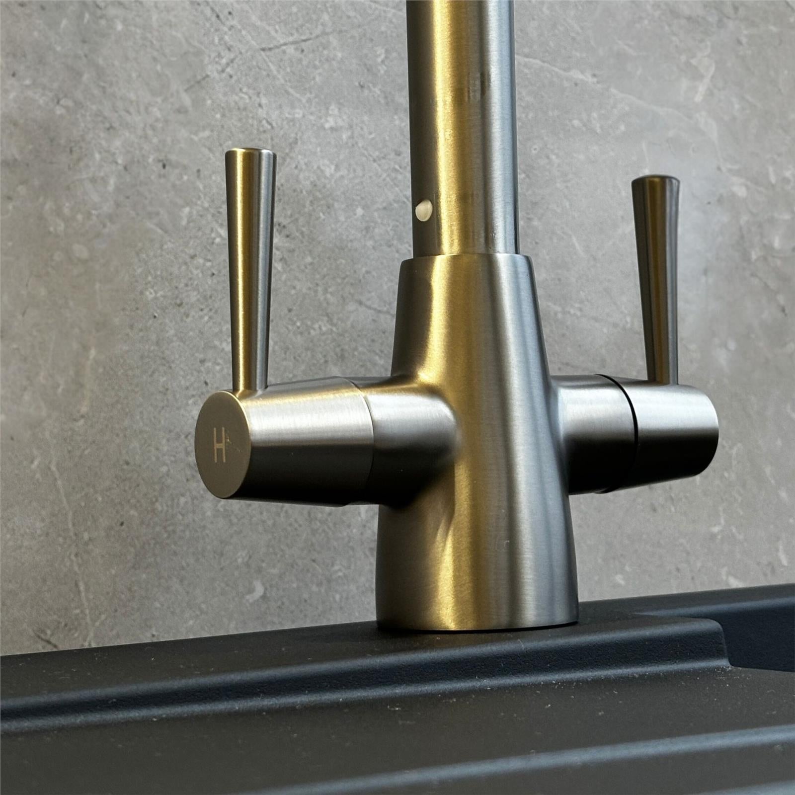 Liquida LU405BS Monobloc Swan Neck Twin Lever Brushed Steel Kitchen Mixer Tap